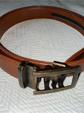 Anson Ratcheting Men's Brown Leather No Holes Belt with Antique Brass Buckle